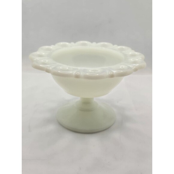 Vtg Anchor Hocking White Milk Glass Lace Edge Pedestal Candy Dish Compote 5" - Picture 3 of 7